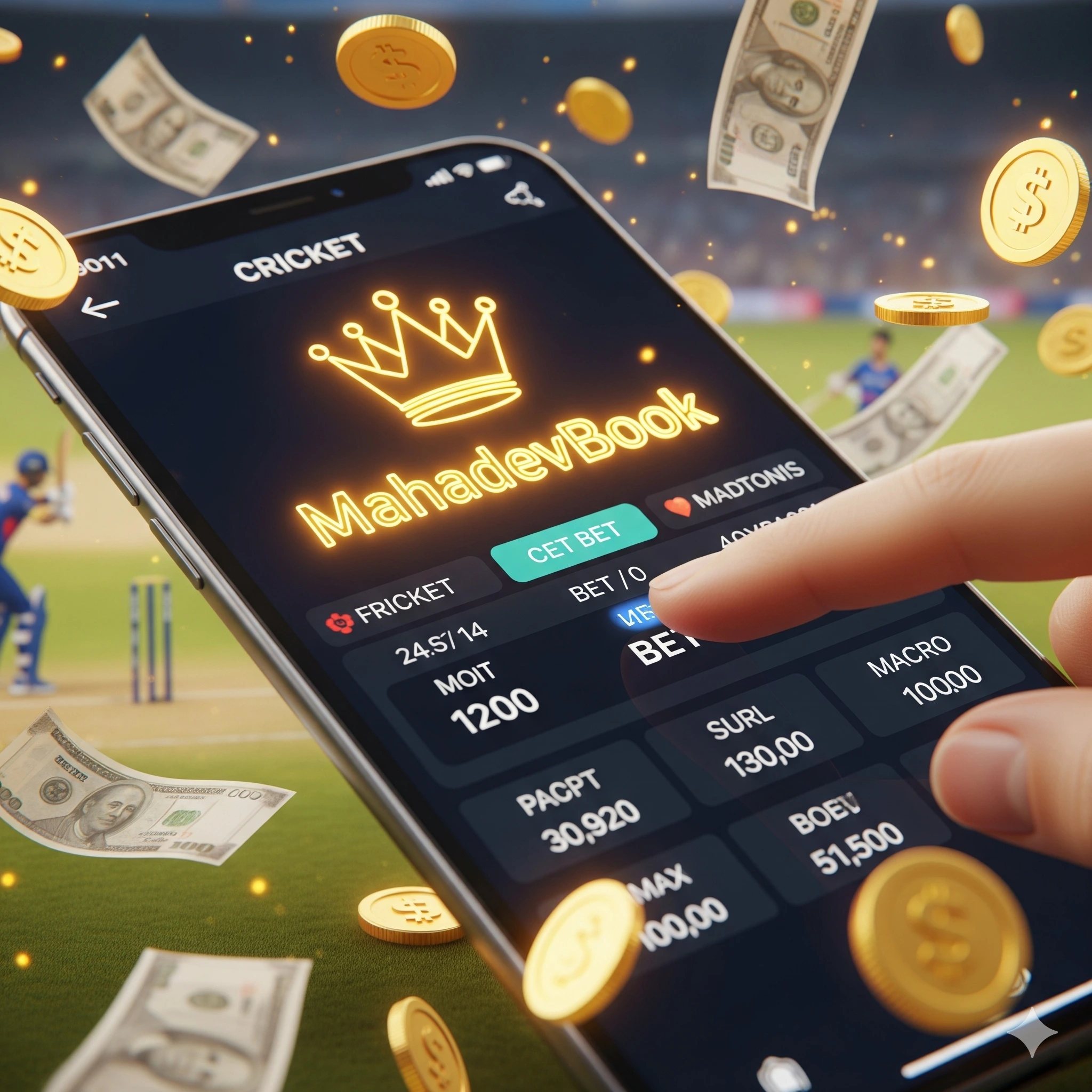 MahadevBook Cricket Betting with smartphone interface and glowing logo