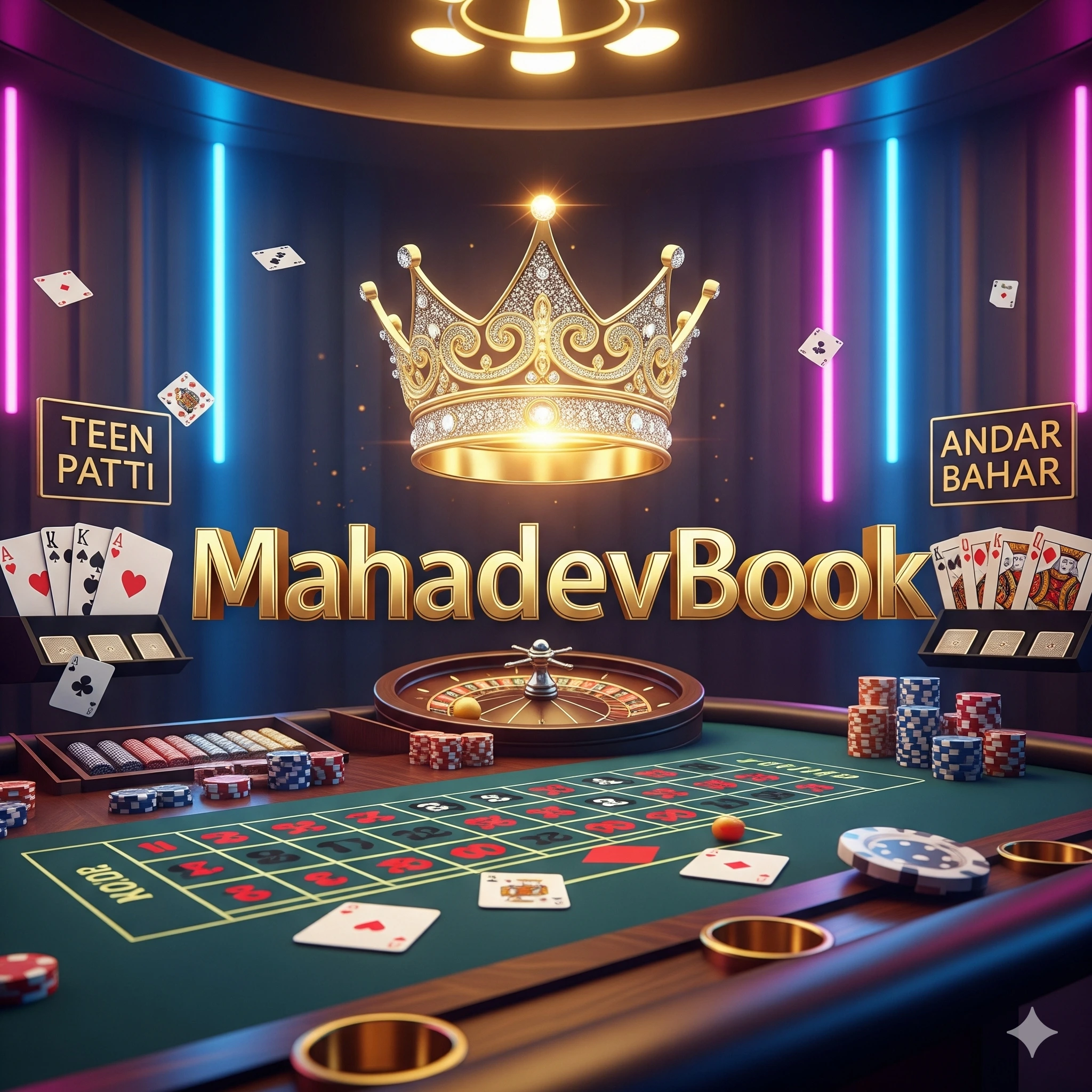 Mahadev Cricket ID with stadium, scoreboard and glowing MahadevBook logo