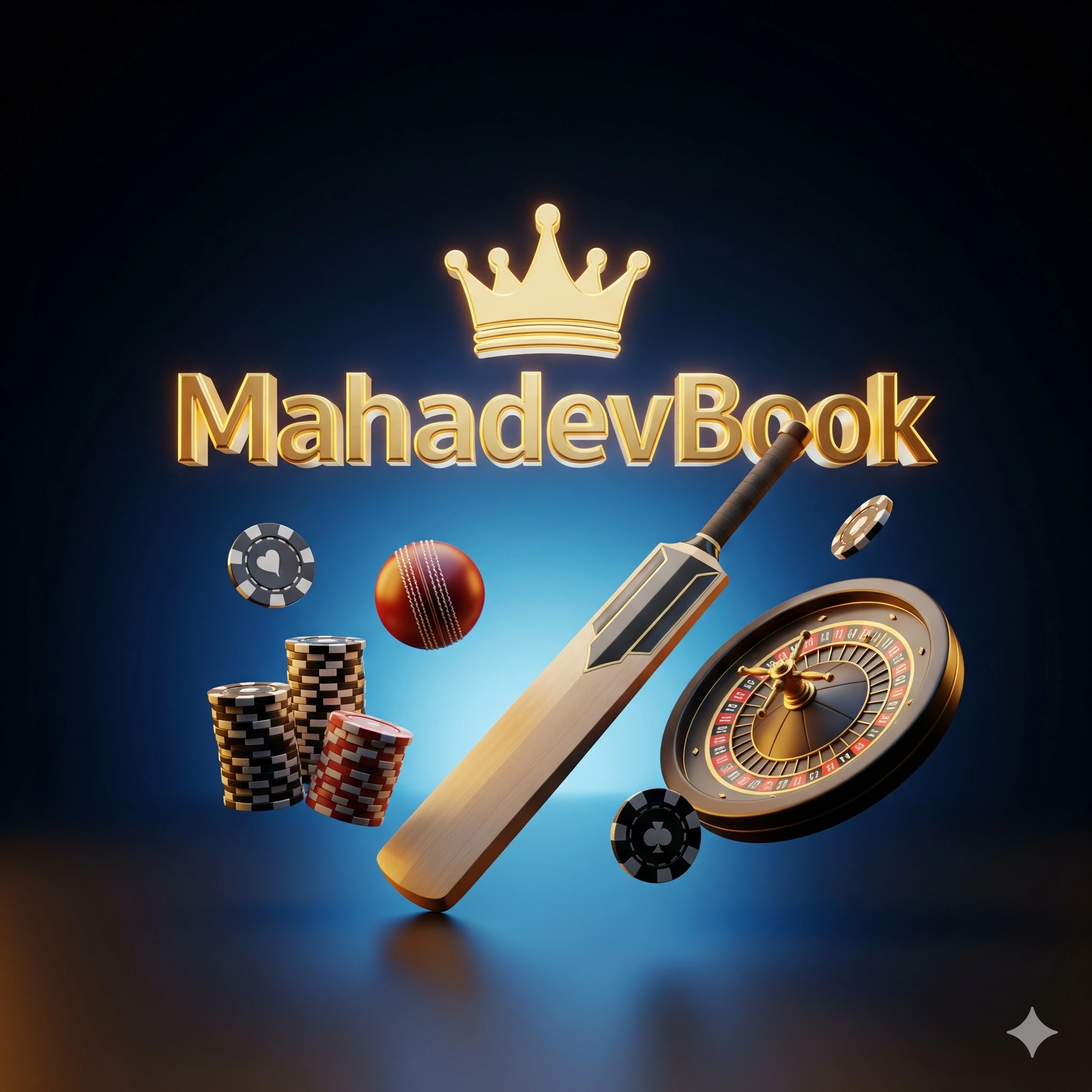 MahadevBook golden 3D logo with cricket and casino theme banner