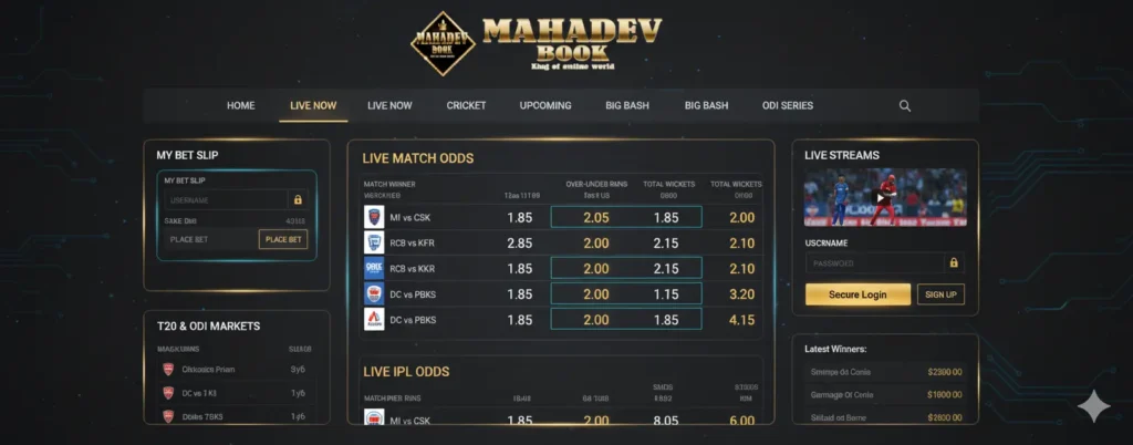 Mahadev Book dashboard preview showing live cricket odds and betting markets