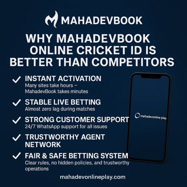 “MahadevBook Online Cricket ID comparison showing instant activation, stable live betting, strong customer support and trustworthy agent network.”