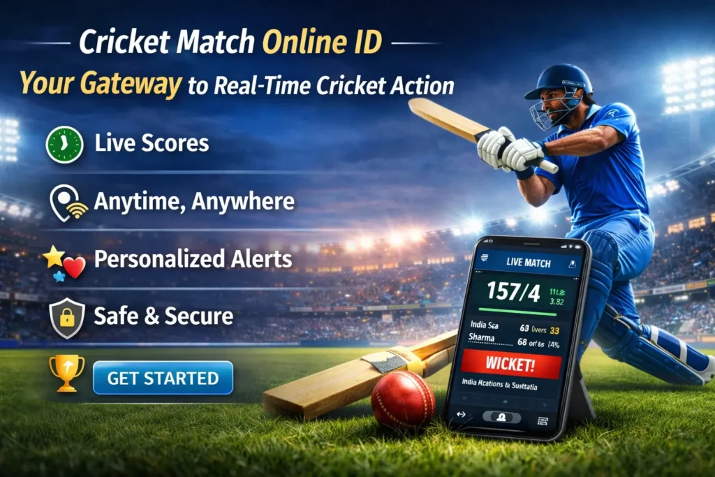 Cricket match online ID banner showing live cricket scores on mobile app with stadium action and real-time match updates