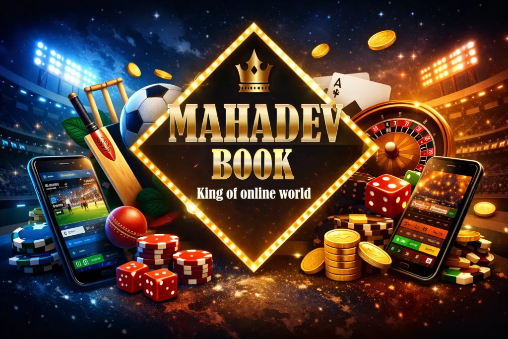 Mahadev Betting App logo with sports betting and casino games illustration
