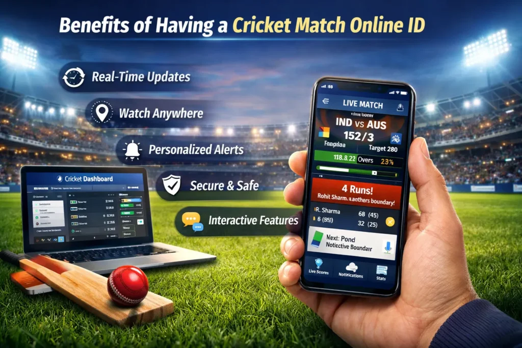Cricket match online ID benefits dashboard showing live scores, mobile app, real-time updates, and cricket stadium background