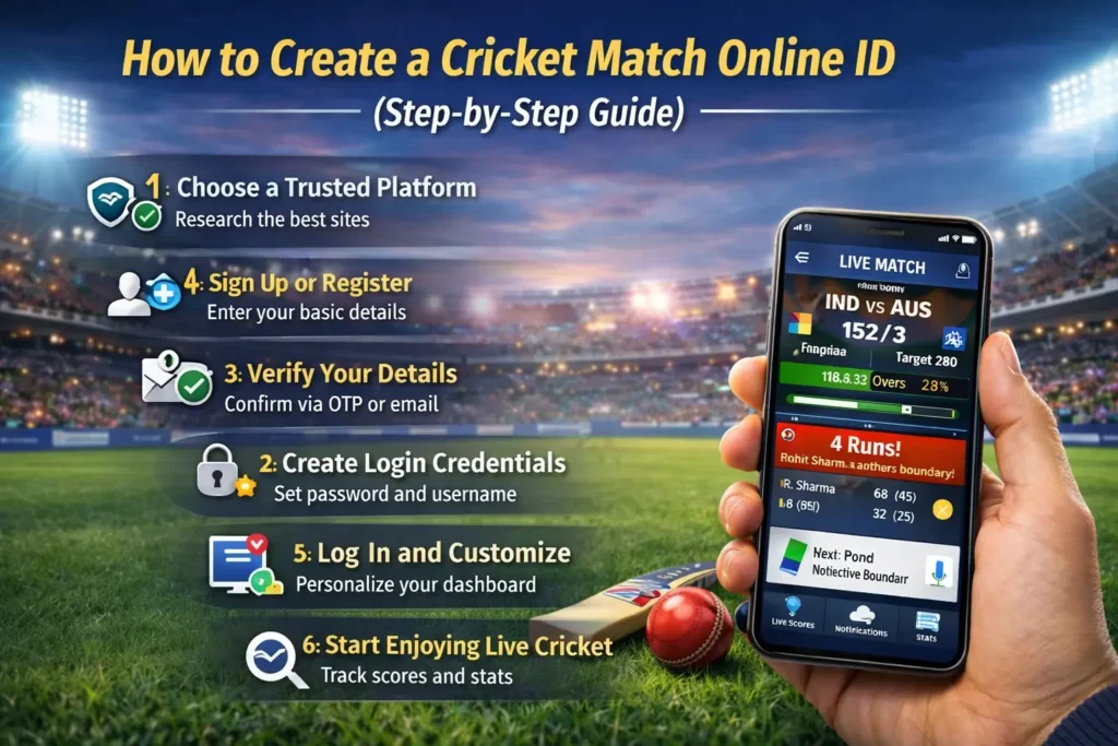 How to create a cricket match online ID step by step guide showing mobile registration, login, and live cricket dashboard