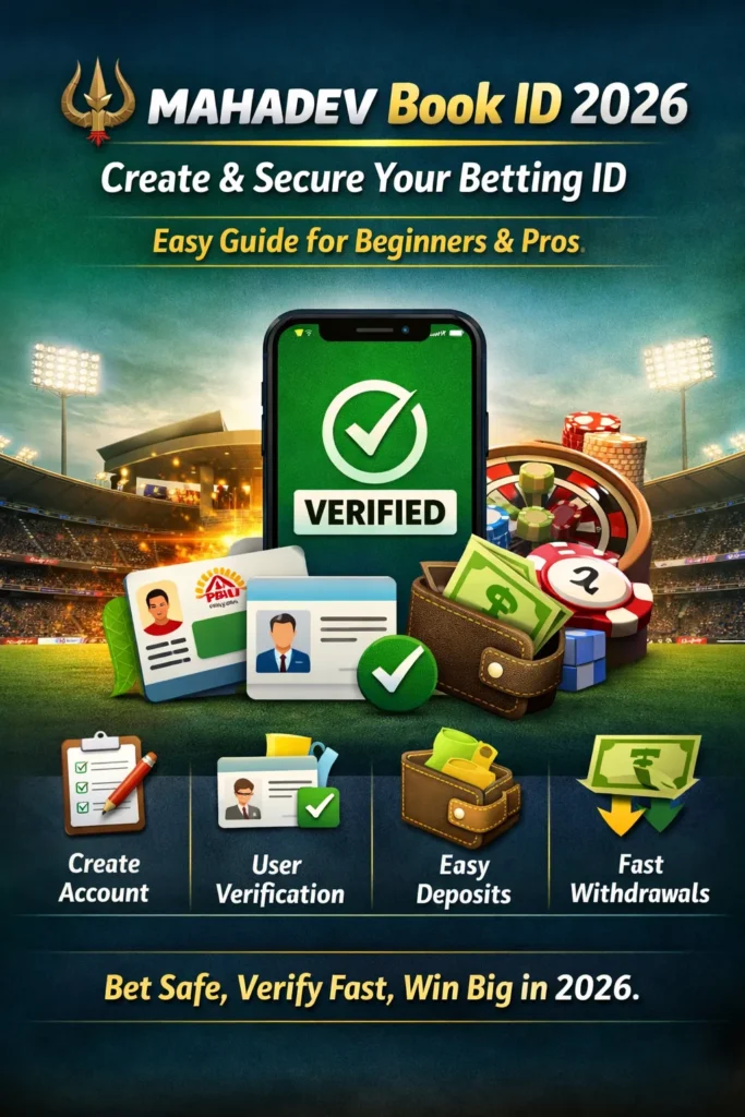 "Mahadev Book ID 2026 verification guide infographic showing secure betting ID, account creation, verification steps, deposits, and withdrawals."