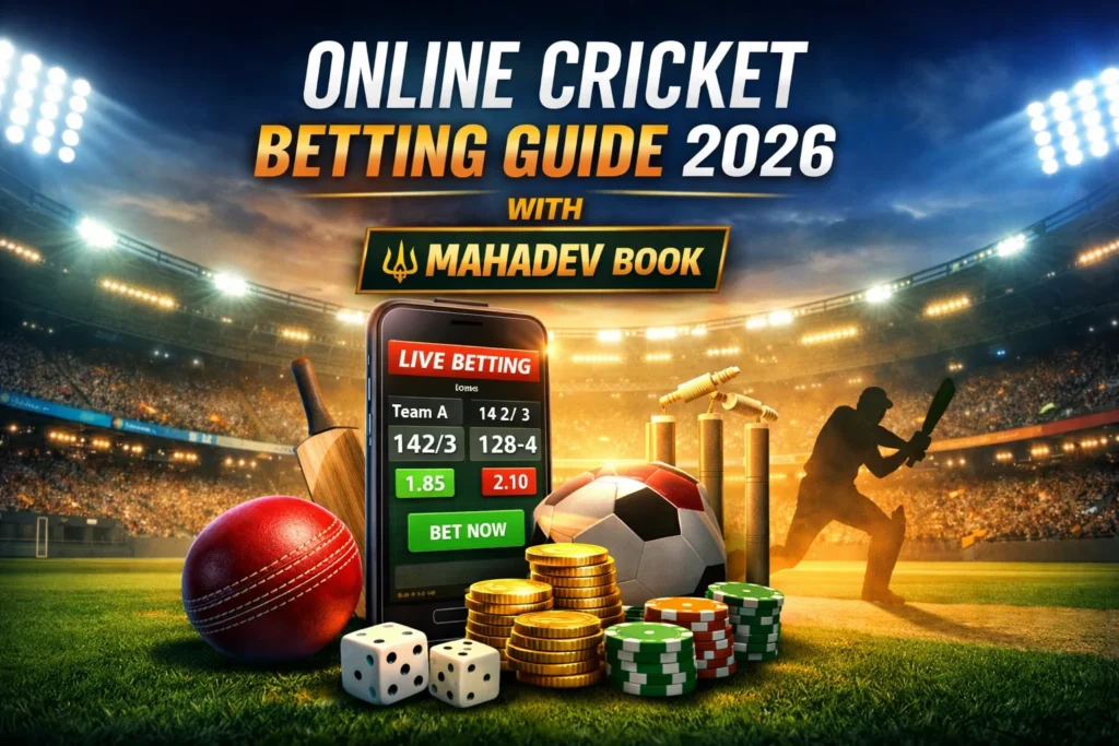 Mahadev Book Online Cricket Betting Guide 2026 with batsman, stadium and live betting screen.