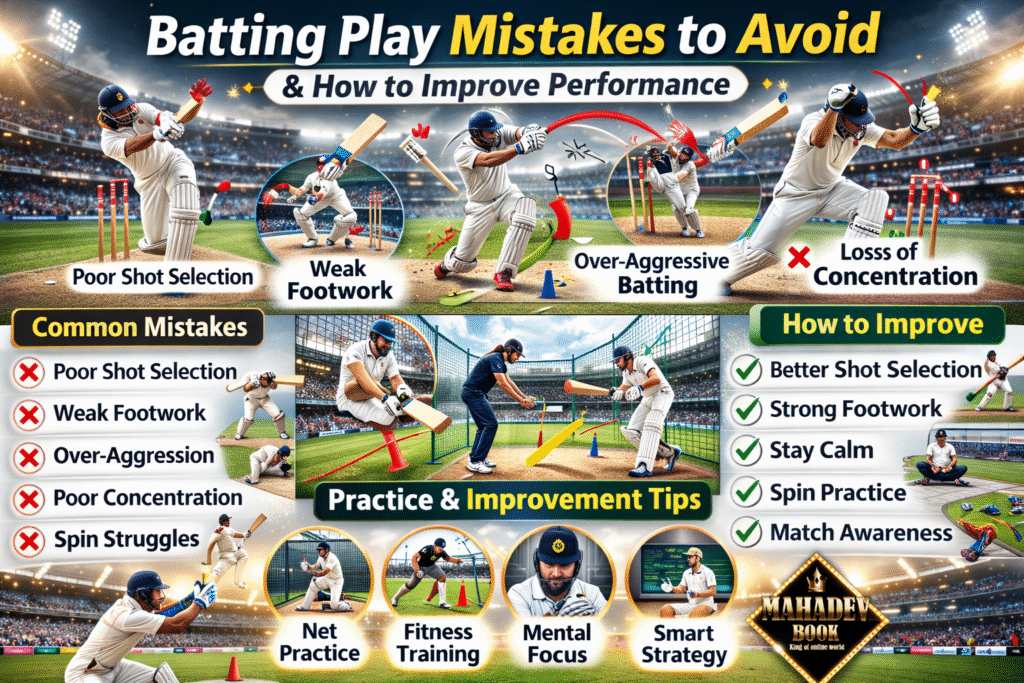 Batting play mistakes in cricket and improvement tips including shot selection, footwork and mental focus