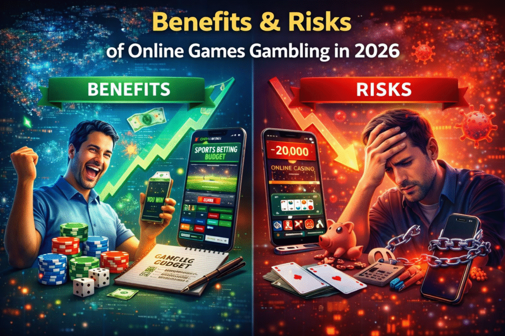 Benefits and risks of online games gambling concept showing winning and losing scenarios
