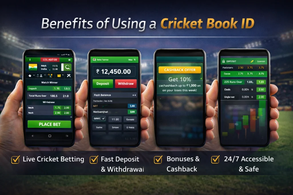 Benefits of Cricket Book ID showing live betting bonus offers and secure payment options