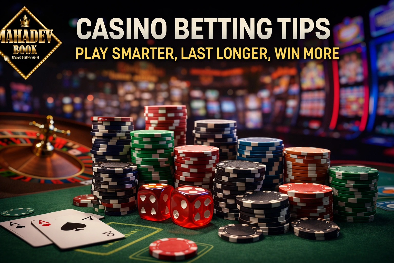 Casino betting tips strategy with poker chips cards and dice on table – smart gambling guide by Mahadev Book