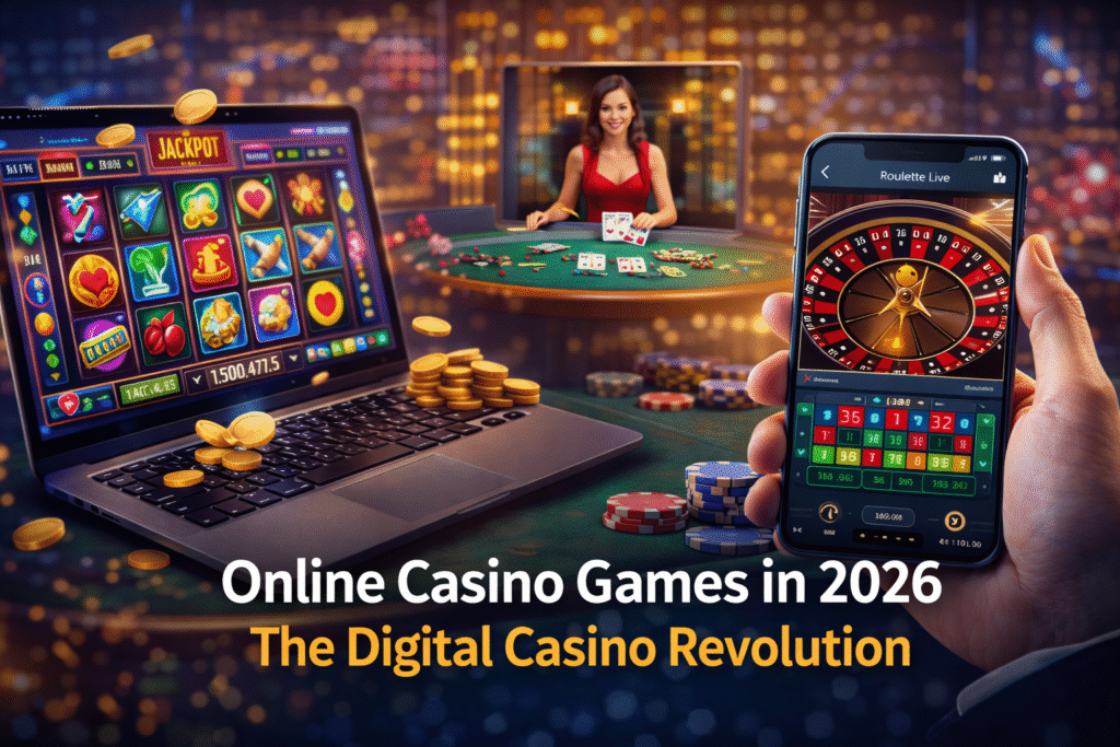 Online casino games in 2026 showing slots, live dealer blackjack, and roulette app