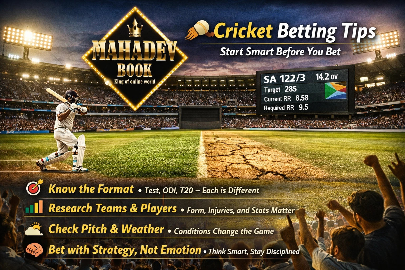 Cricket betting tips guide showing stadium, pitch conditions and match analysis