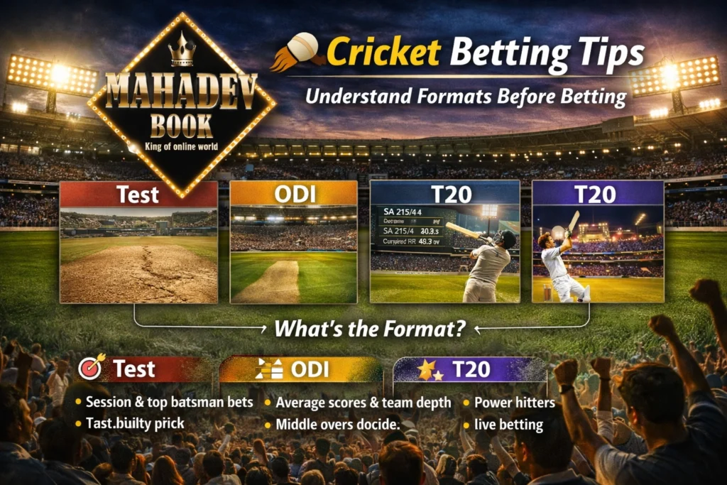 Cricket betting tips banner showing Test ODI T20 formats with Mahadev Book logo and stadium background