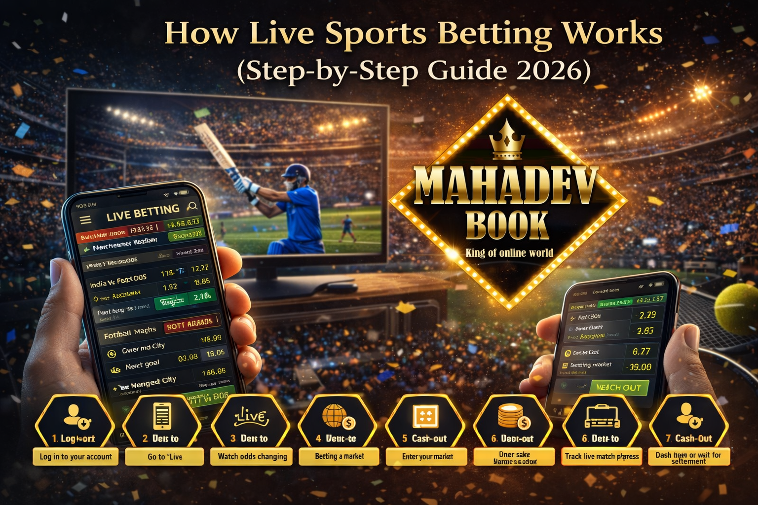 How live sports betting works step-by-step guide 2026 with Mahadev Book logo and live betting app interface