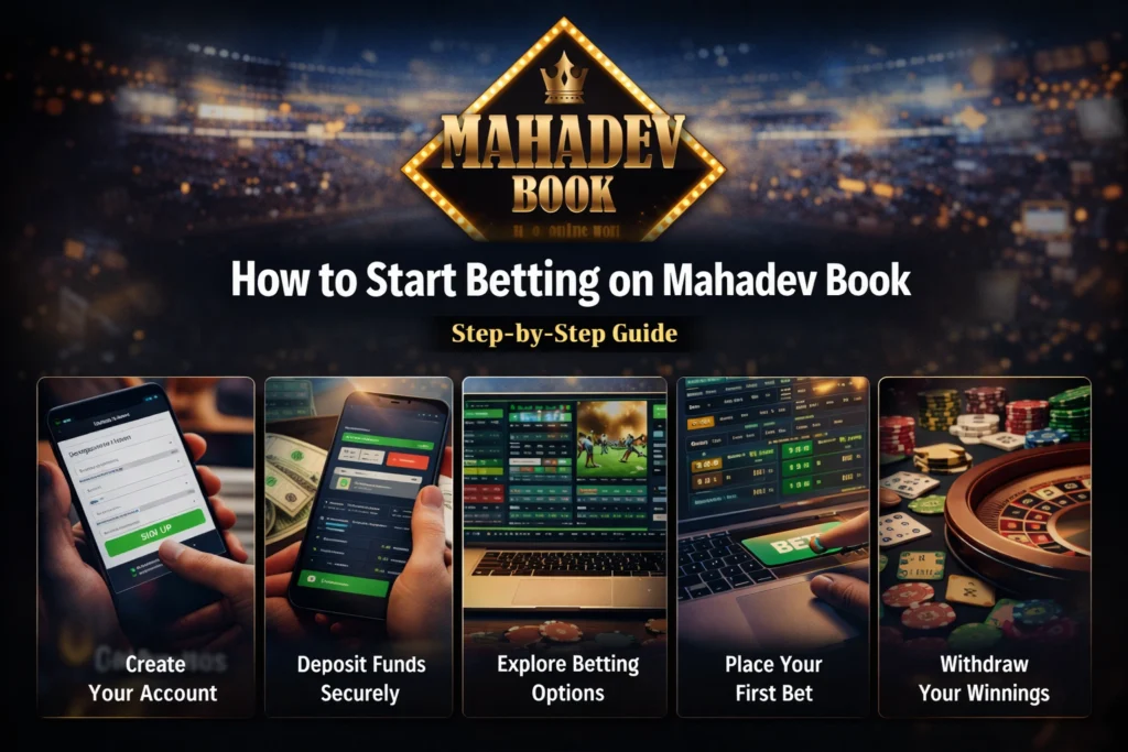 Mahadev Book betting app signup process with deposit, live sports betting and casino games interface