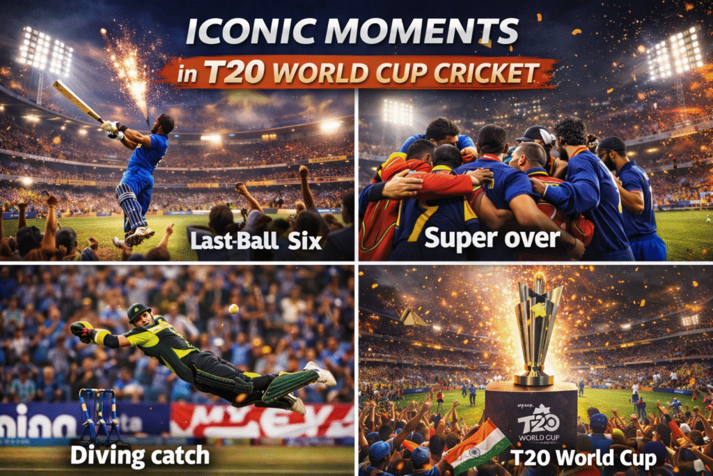 Iconic T20 World Cup cricket moments including last ball six, super over, diving catch and trophy celebration