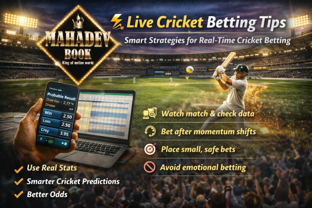 Live cricket betting tips banner with Mahadev Book logo, smartphone odds, laptop stats and cricket stadium background