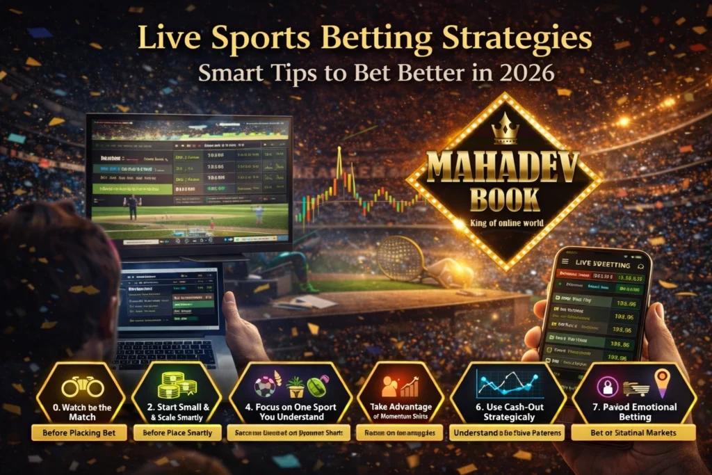 Live sports betting strategies 2026 showing real-time odds analysis and smart betting tips with Mahadev Book branding