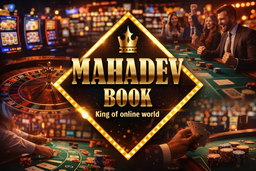 Mahadev Book casino betting platform logo with online casino games background