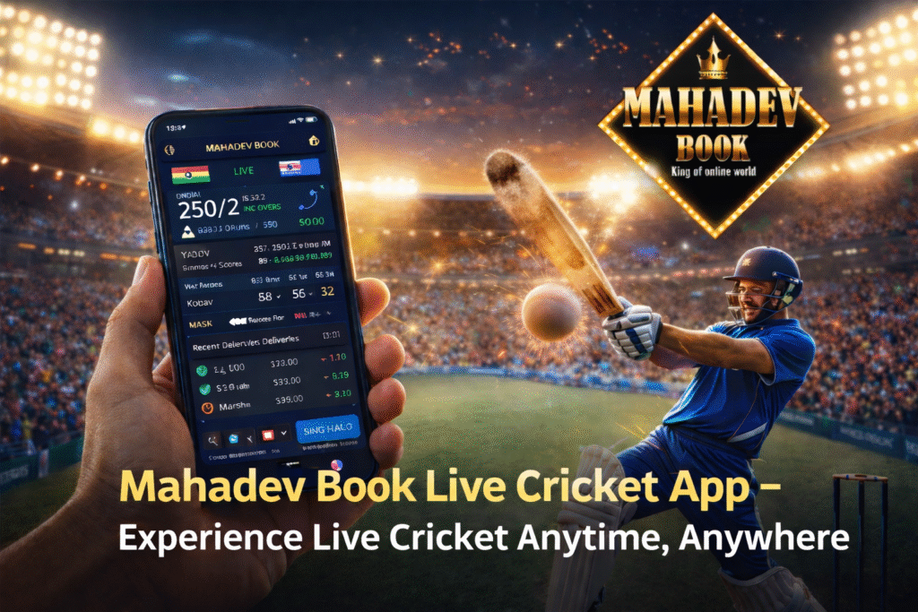 Mahadev Book Live Cricket App showing live cricket scores and updates on smartphone