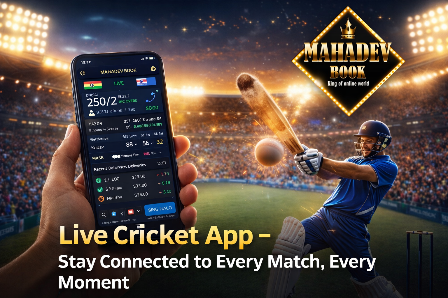 Mahadev Book Live Cricket App showing real-time cricket scores and match updates