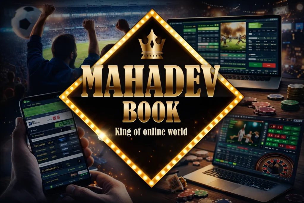 Mahadev Book online betting platform logo with sports and casino betting interface