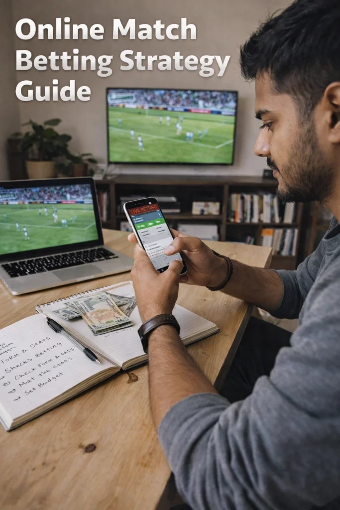 Online match betting strategy guide showing bankroll management, odds comparison and live betting research methods