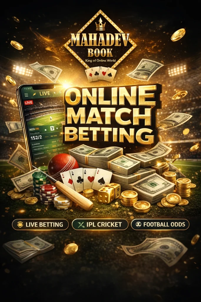 Online match betting advertisement with Mahadev Book logo, live IPL cricket betting, football odds, casino cards and cash stacks