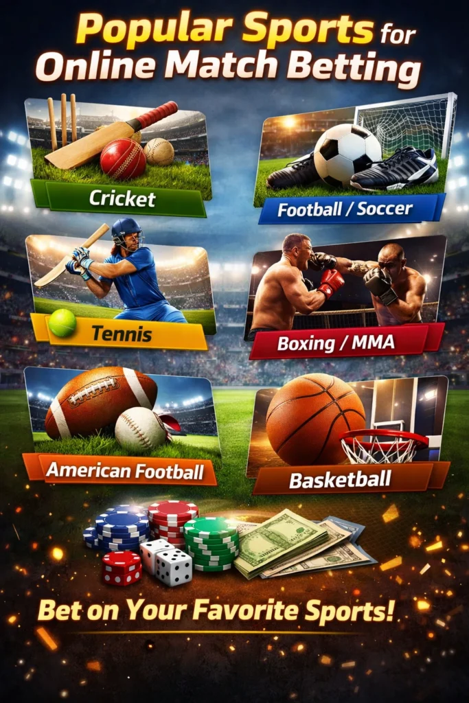 Popular sports for online match betting including cricket, football, tennis, boxing and basketball betting markets