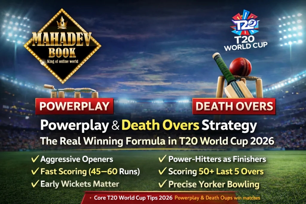 T20 World Cup 2026 Powerplay and Death Overs strategy cricket stadium banner