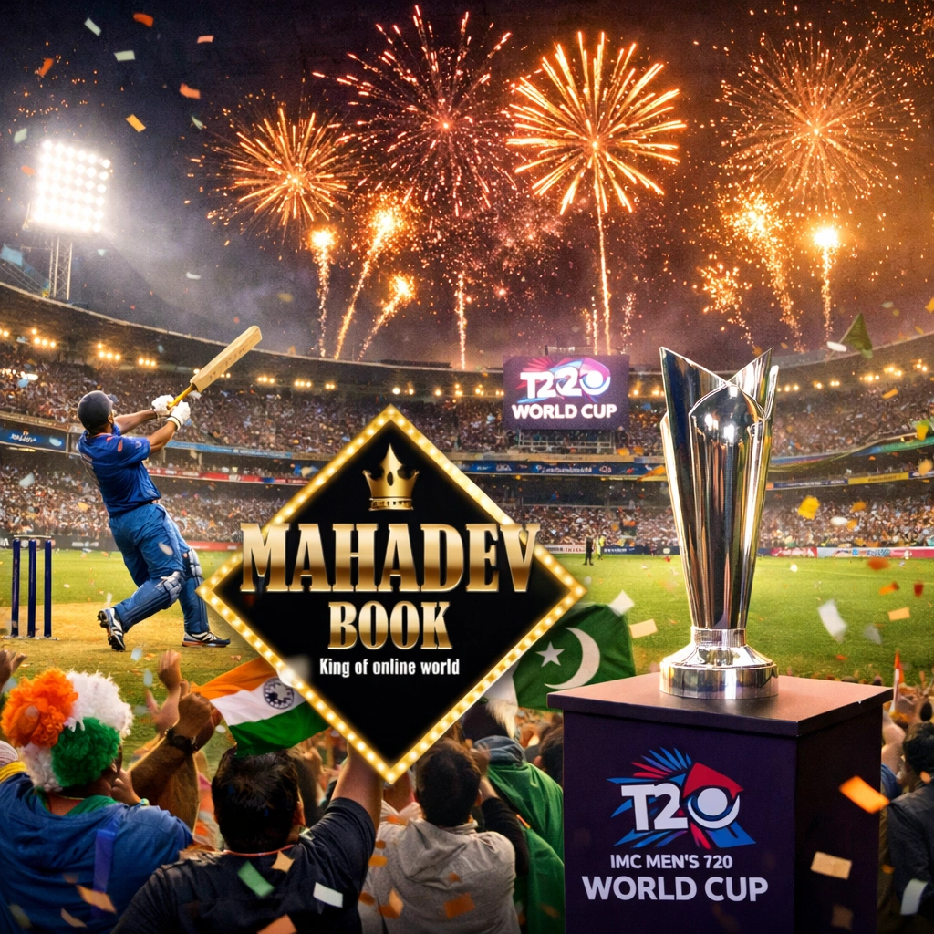 "T20 World Cup cricket match under floodlights with fans cheering and trophy on display"