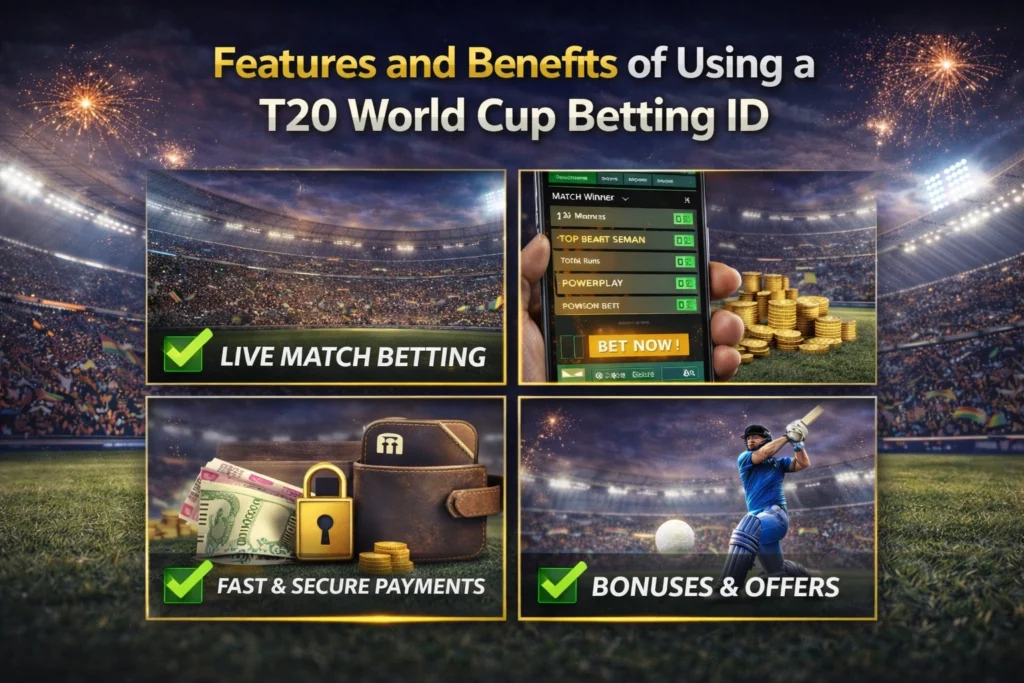 T20 World Cup betting ID features including live cricket betting, mobile app, secure payments and fast payouts