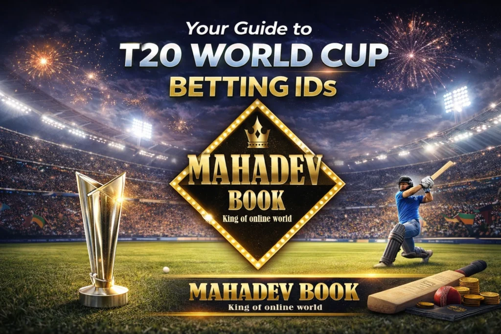 Mahadev Book T20 World Cup Betting ID cricket betting banner with stadium and trophy