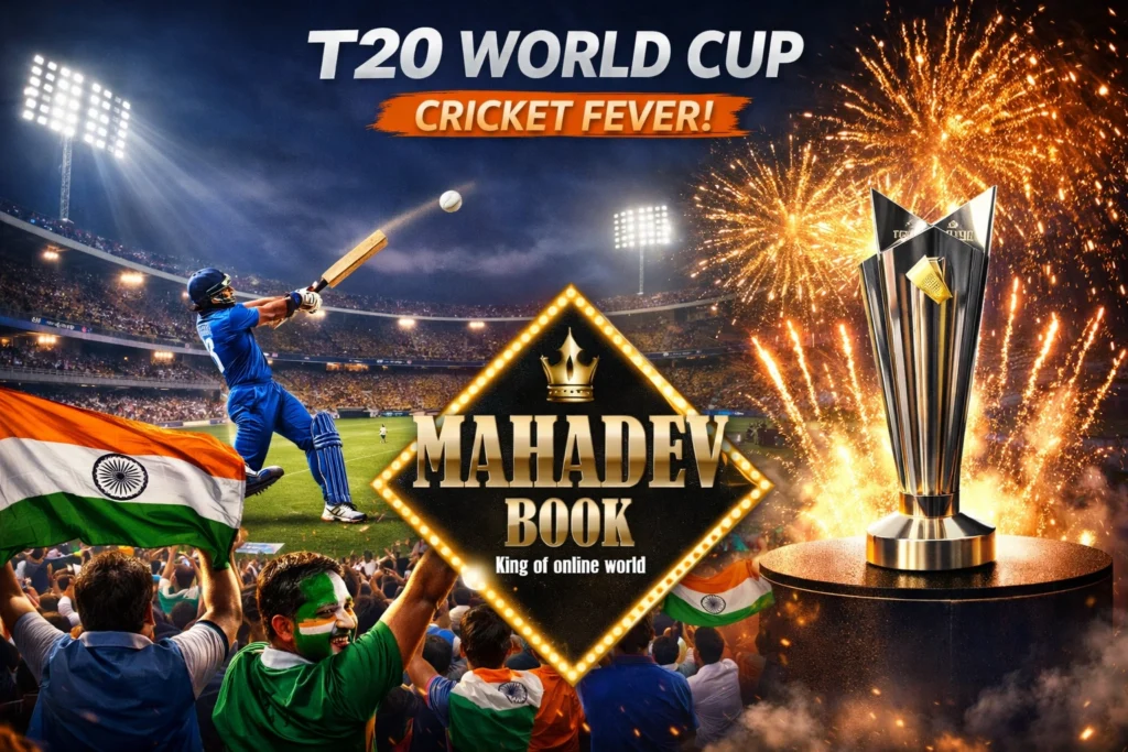 T20 World Cup cricket stadium with Indian fans cheering and trophy celebration
