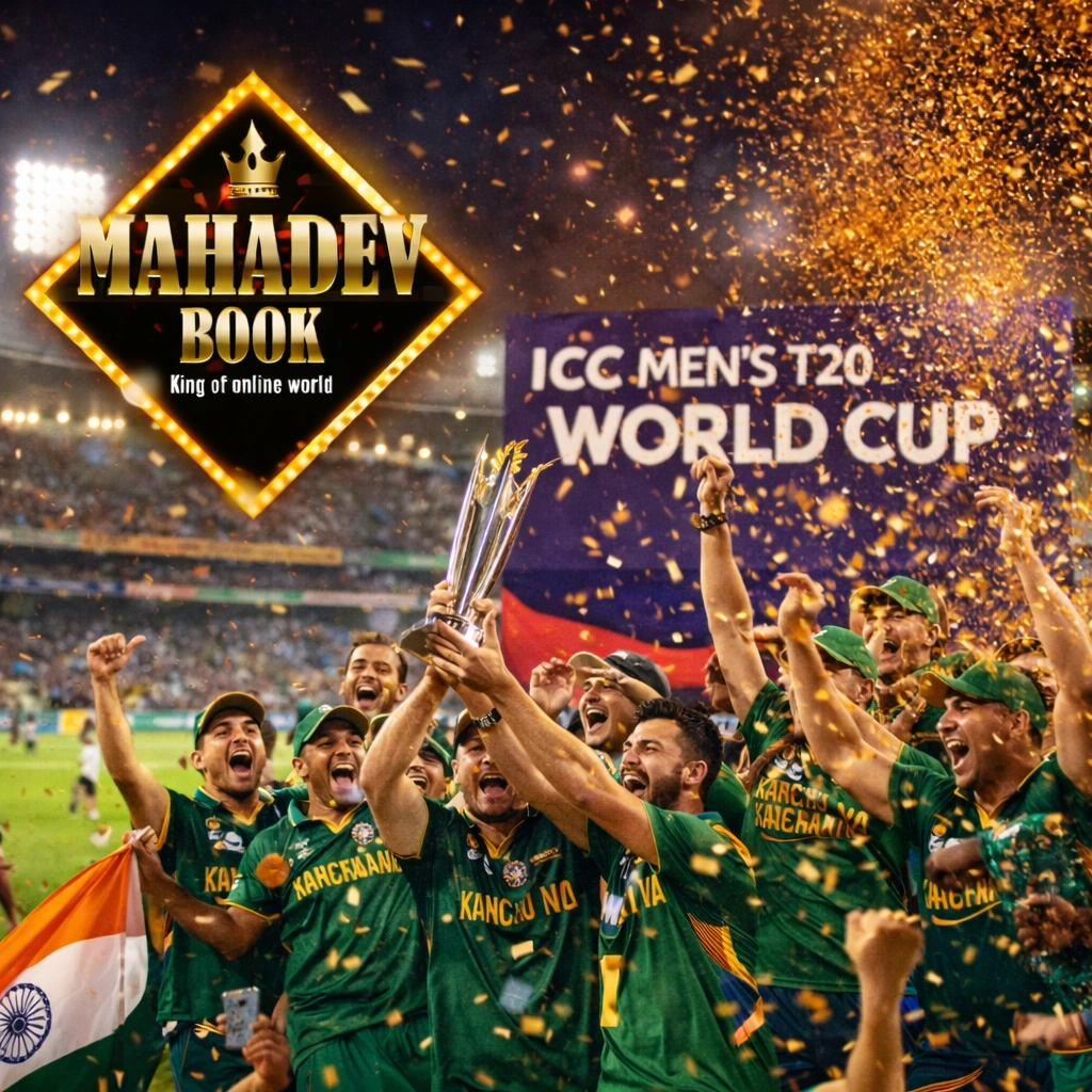 "T20 World Cup trophy celebration with players lifting cup in stadium"
