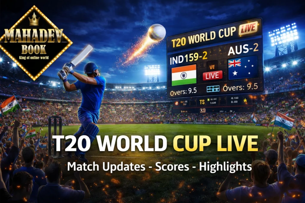 T20 World Cup Live match updates with Mahadev Book logo and live cricket scoreboard