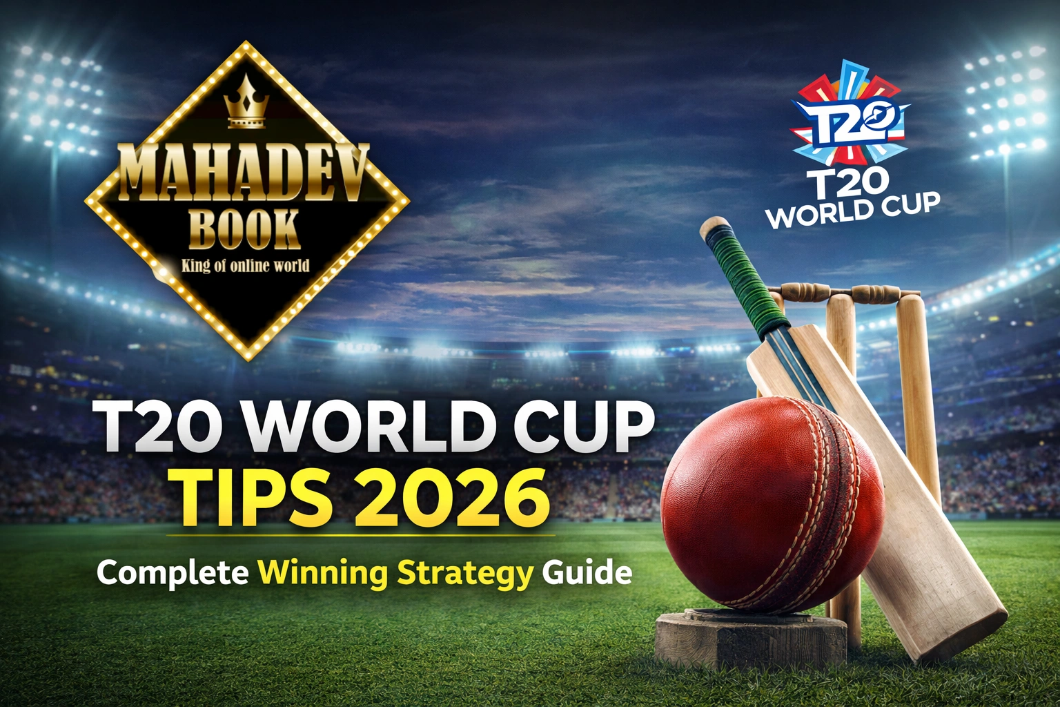 T20 World Cup Tips 2026 cricket stadium promotional banner with Mahadev Book logo