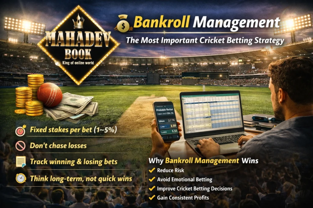 Cricket betting bankroll management tips banner showing Mahadev Book logo, betting stats, laptop analysis and money control strategy