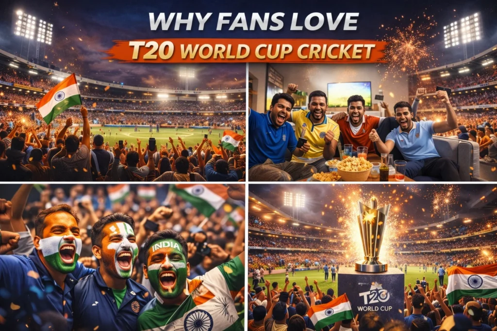 Cricket fans cheering in a packed stadium during T20 World Cup cricket celebration with trophy and fireworks