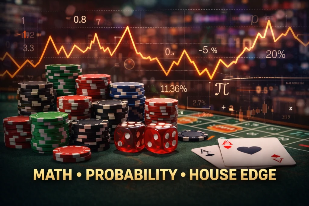 Casino betting strategy showing poker chips dice cards and probability graph explaining math probability and house edge