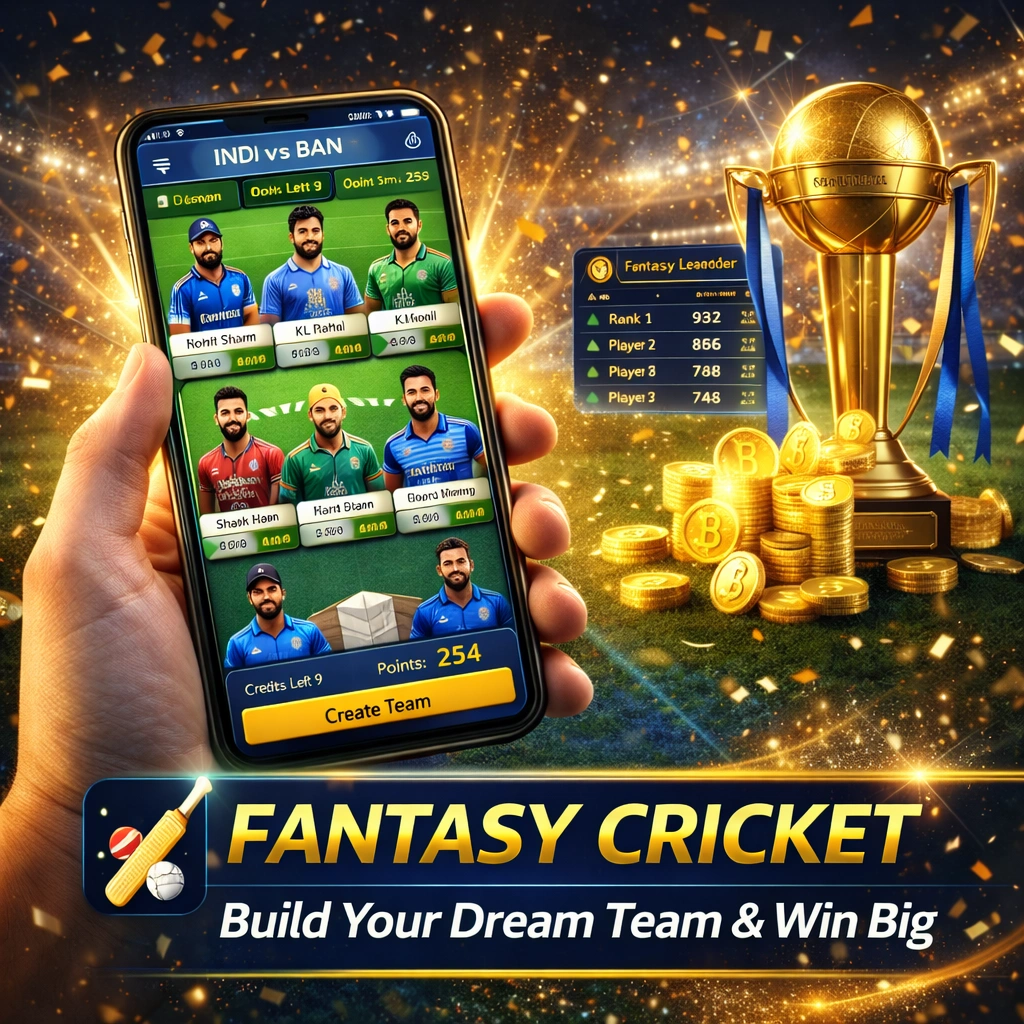Fantasy cricket online app showing dream team selection and leaderboard with cash prize rewards