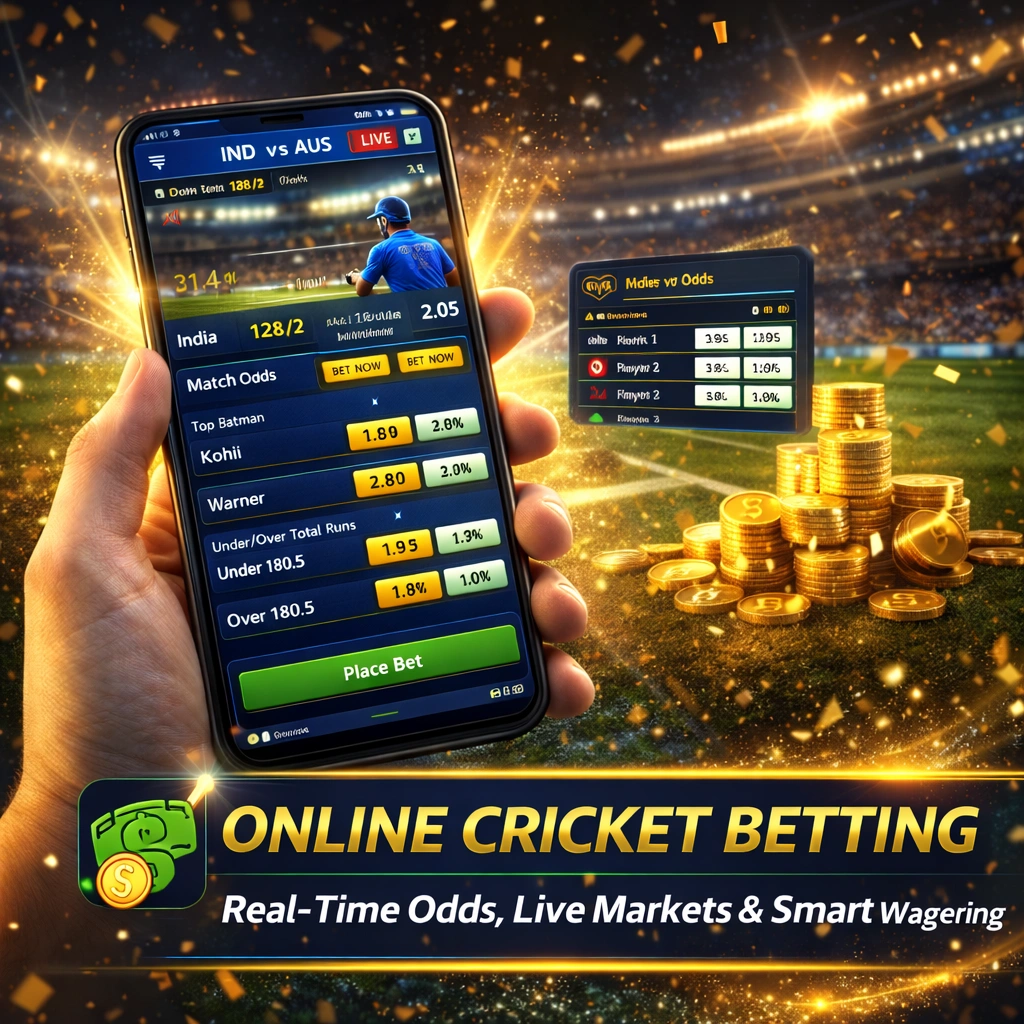 Online cricket betting app showing live odds, in-play markets, and real-time cricket match wagering