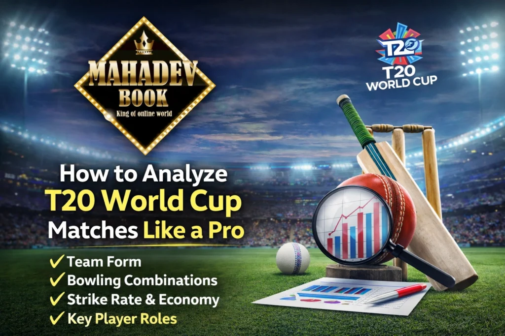 T20 World Cup match analysis guide with cricket stadium and Mahadev Book logo