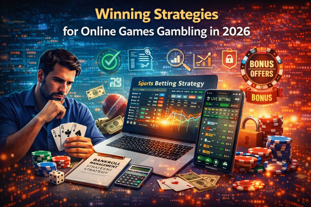 Winning strategies for online games gambling showing bankroll management, sports betting analysis and live betting tips