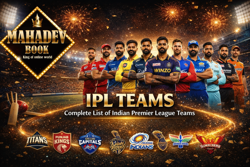 IPL teams list with Mahadev Book logo and Indian Premier League players