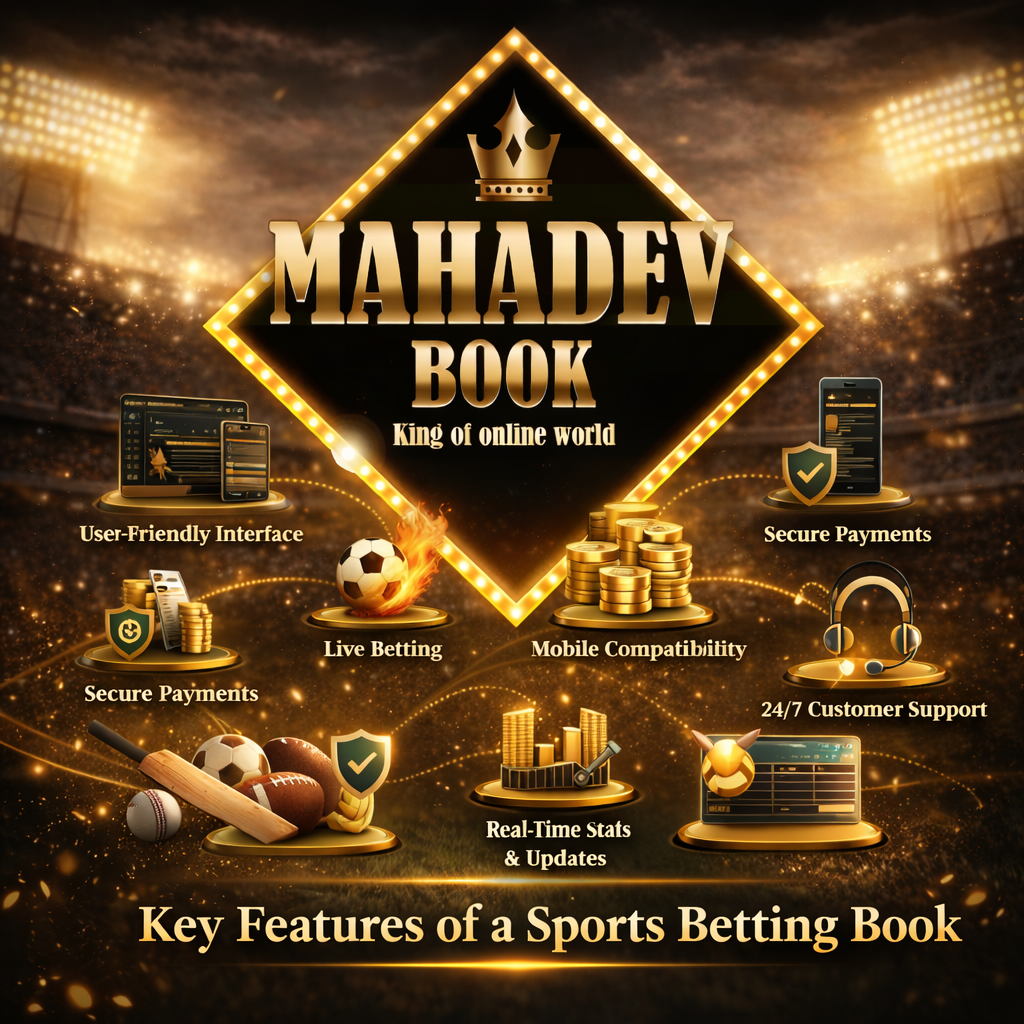 Mahadev Book logo showing key features of sports betting book including live betting secure payments and mobile betting