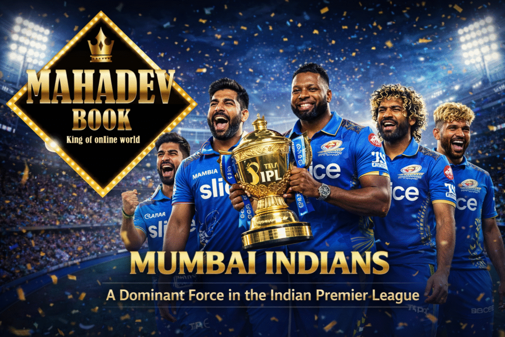 Mumbai Indians IPL team with Mahadev Book logo and IPL trophy celebration