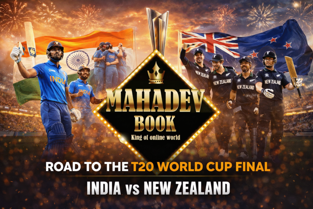 Road to the T20 World Cup Final 2026 India vs New Zealand tournament journey with Mahadev Book logo
