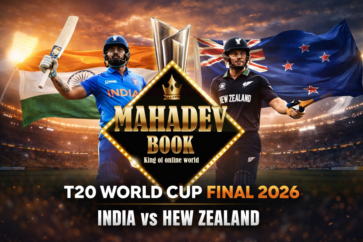 T20 World Cup Final 2026 India vs New Zealand cricket match preview with Mahadev Book logo